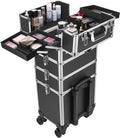 VIVOHOME 4 in 1 Makeup Rolling Train Case Aluminum Trolley Professional Cosmetic Organizer Box with Shoulder Straps 2 Keys Black(Cosmetic are not included)