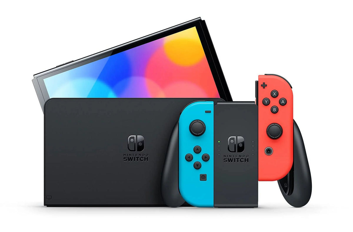 Nintendo Switch OLED Console Neon Red & Blue with Minecraft Dungeons Hero Edition and Screen Cleaning Cloth