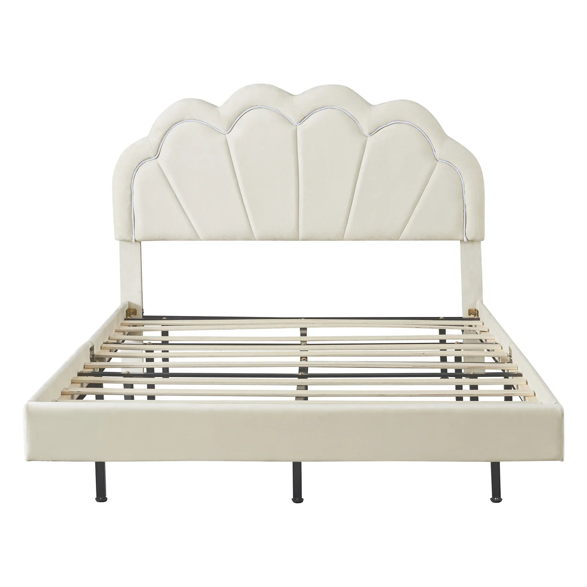 Cosymart Full Upholstered Smart LED Bed Frame with Elegant Flowers Headboard， Floating Velvet Platform LED Bed with Timber Slats Support， Beige