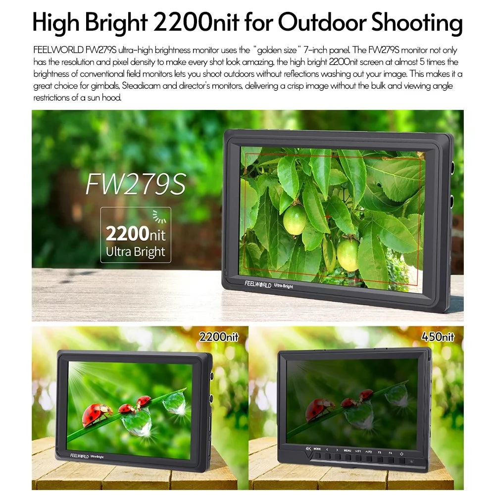 FEELWORLD FW279S 7 Inch 2200nit Ultra Bright Daylight Viewable Field Monitor Thin Style 3G-SDI 4K Input Output 1920*1200 IPS Panel for Outside / Viewable Even in Direct Sunlight