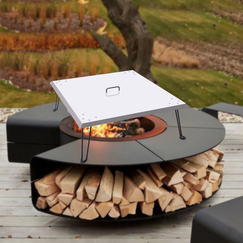 Miumaeov Square Fire Pit Burner Shield to Push Heat Down and Out Fire Pit Heat Deflector 24*24in with Foldable Legs Stainless Steel