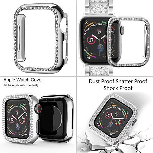 Mosonio Compatible with Apple Watch Band 42mm with Case Women, Jewelry Replacement Metal Wristband Strap with 2 Pack Bling PC Protective Protection for iWatch Series 3/2/1(Silver) Silver 42 mm