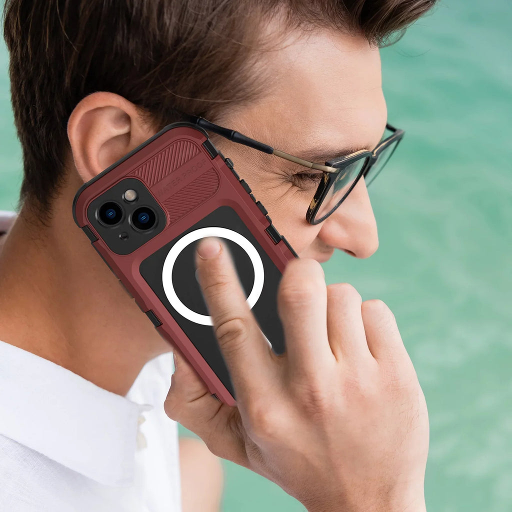 for iPhone 14 Plus Case Waterproof Shockproof Dustproof Full-Body Sturdy with Camera Lens Protection and Built-in Screen Protector,Underwater Full Sealed Enclosure for iPhone 14 Plus, Red