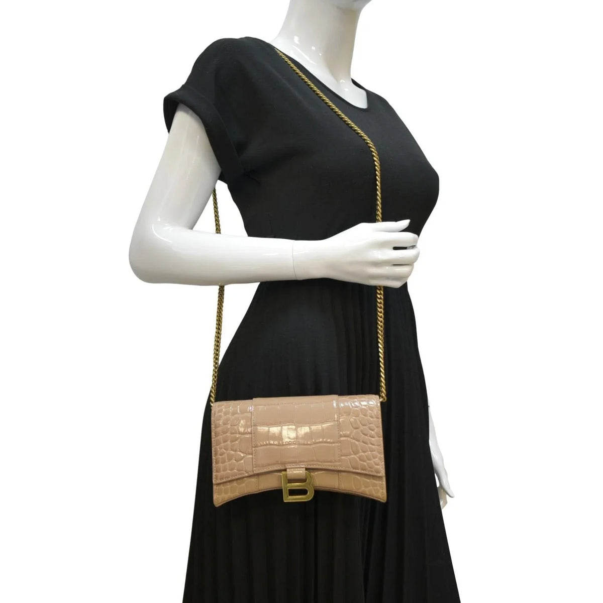 Pre-owned BALENCIAGA Hourglass Crocodile Embossed Leather Chain Shoulder Bag Light Brown