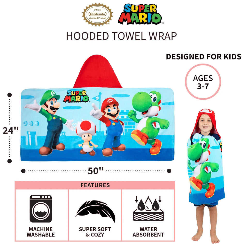 Super Mario Bath/Pool/Beach Soft Cotton Terry Hooded Towel Wrap, 24 in x 50 in, By Franco Kids