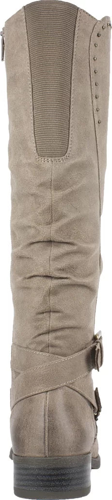 WHITE MOUNTAIN Womens Beige Studded Stretch Gore Cushioned Wide Calf Ruched Buckle Accent Liona Round Toe Block Heel Zip-Up Riding Boot 5 M WC