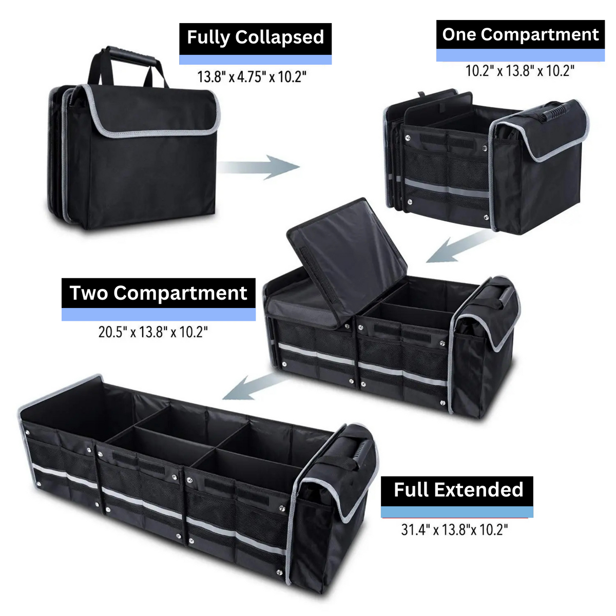Glamor D Collapsible Trunk Organizer with Insulated Leak-proof Cooler Bag - 5-in-1 Car & SUV Cargo Storage Solution with Foldable Lid, Removable Dividers, and 2 Tie-Down Straps - Black