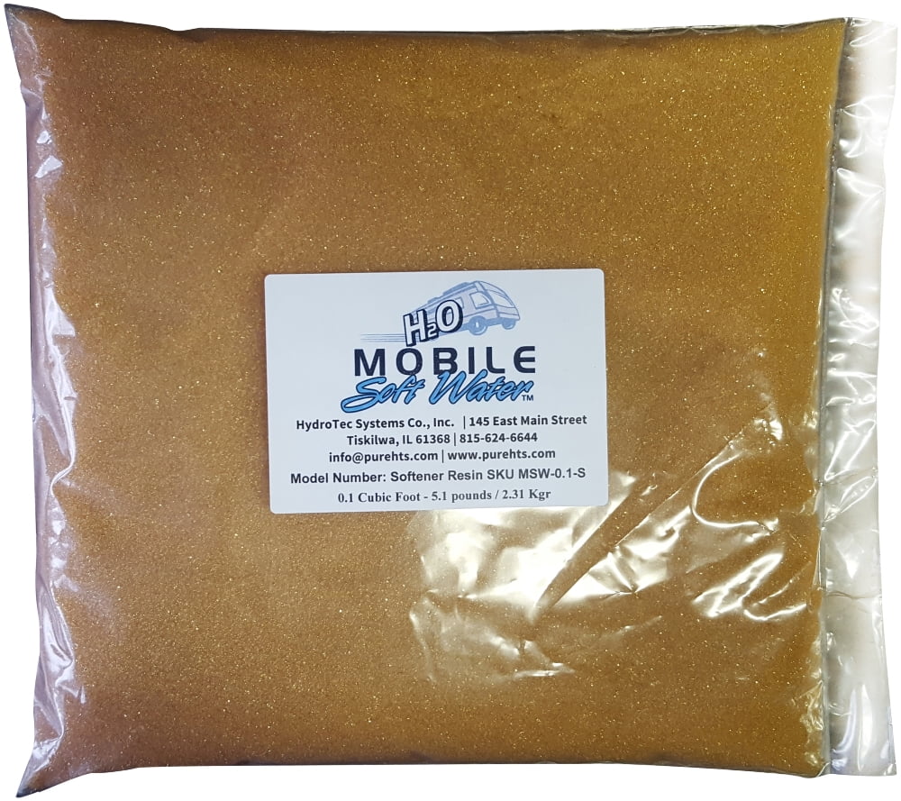 Mobile-soft-water™ Water Softener Resin(Cation) Ion-Exchange 0.1 Cubic Foot - 5.1 pounds -2.31 Kg.; Packaged for RV, portable style water softeners or any other resin replacement applications.