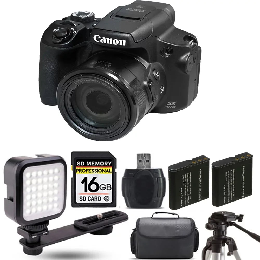 Canon PowerShot SX70 HS Digital Camera + Extra Battery + LED - 16GB Kit