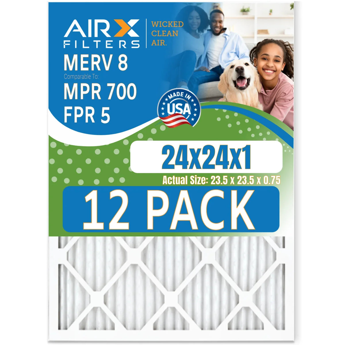 24x24x1 Air Filter MERV 8 Rating, 12 Pack of Furnace Filters Comparable to MPR 700 & FPR 5 - Made in USA by AIRX FILTERS WICKED CLEAN AIR.