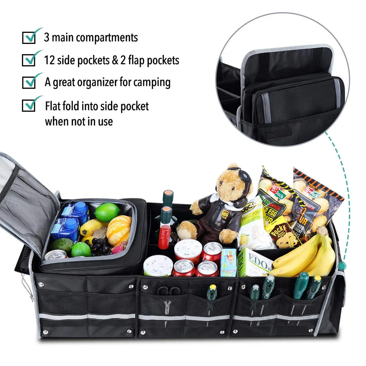 Glamor D Collapsible Trunk Organizer with Insulated Leak-proof Cooler Bag - 5-in-1 Car & SUV Cargo Storage Solution with Foldable Lid, Removable Dividers, and 2 Tie-Down Straps - Black