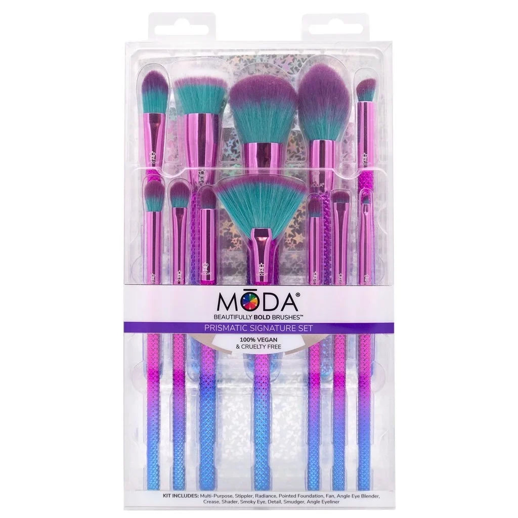 Moda Brush Prismatic Signature 12pc Makeup Brush Set, Includes Pointed Foundation, Fan, and Crease Makeup Brushes