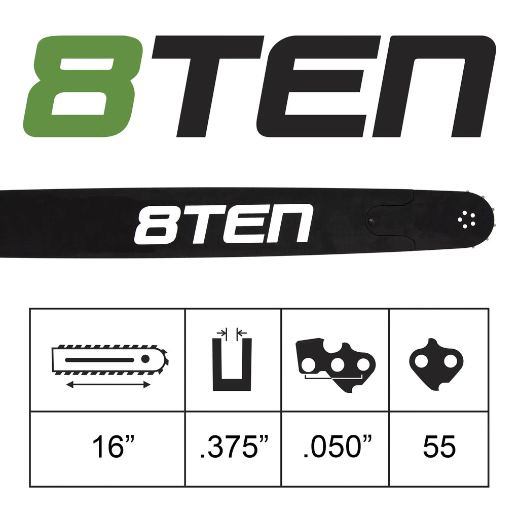 8TEN Chainsaw Guide Bar and 2 Chains for Stihl 09 010 017 MS 170 180 250 251 160SDEA074 91VXL055G 16 inch .050 .375 MK1002915