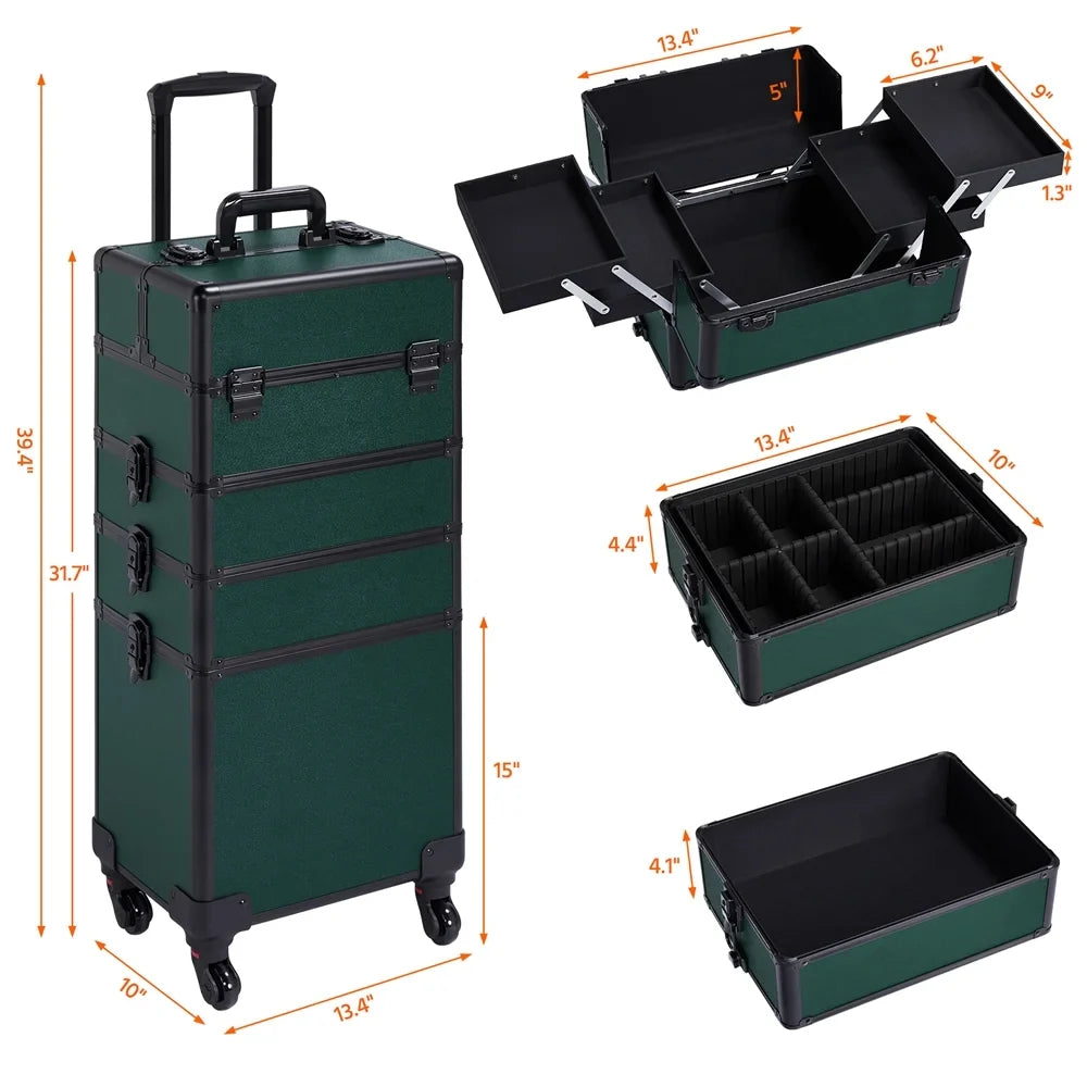 Alden Arrangement Professional 4-in-1 Aluminum Travel Cosmetic Makeup Case, Dark Green