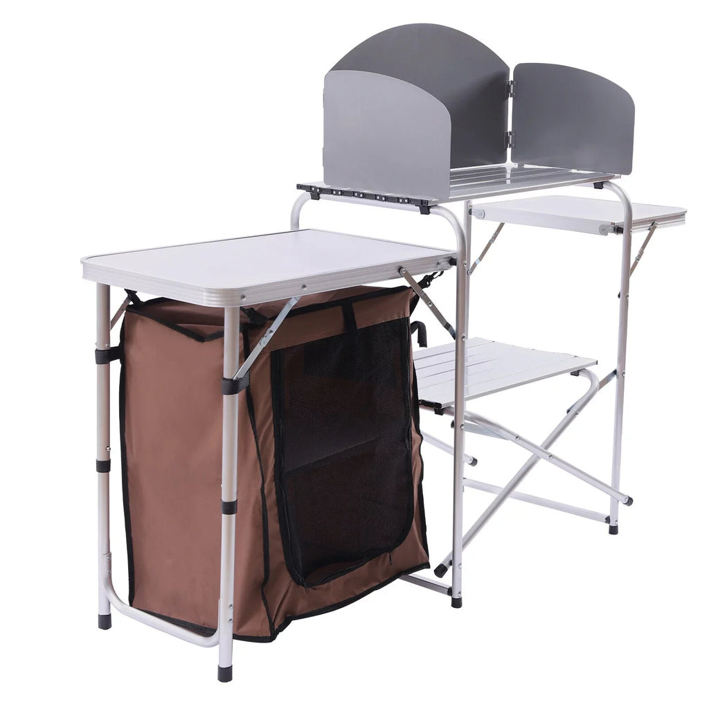 DENEST Folding Camping Kitchen Station Portable Barbecue Table Rack Brown Fabric Shield