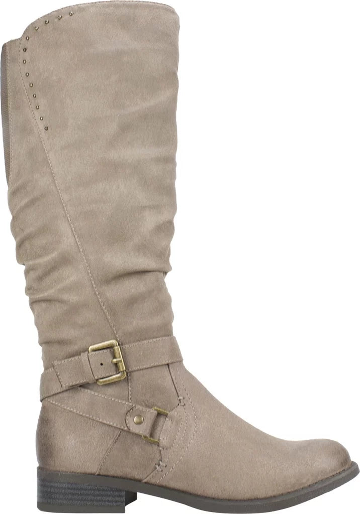 WHITE MOUNTAIN Womens Beige Studded Stretch Gore Cushioned Wide Calf Ruched Buckle Accent Liona Round Toe Block Heel Zip-Up Riding Boot 5 M WC