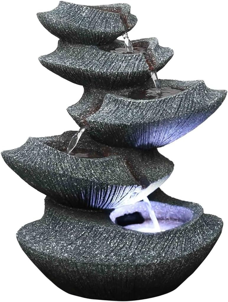 Modern Stone Tiers 14" Fountain W/LED Light: Small Indoor/Outdoor Water Feature For s, Entryways, Gardens & Patios. Hand-Crafted Style HF-B16-14LT
