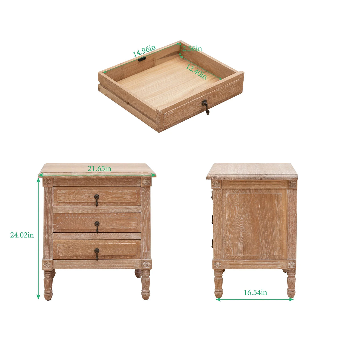 Pellebant Oak Nightstand with 3 Drawers Bedroom Pieces