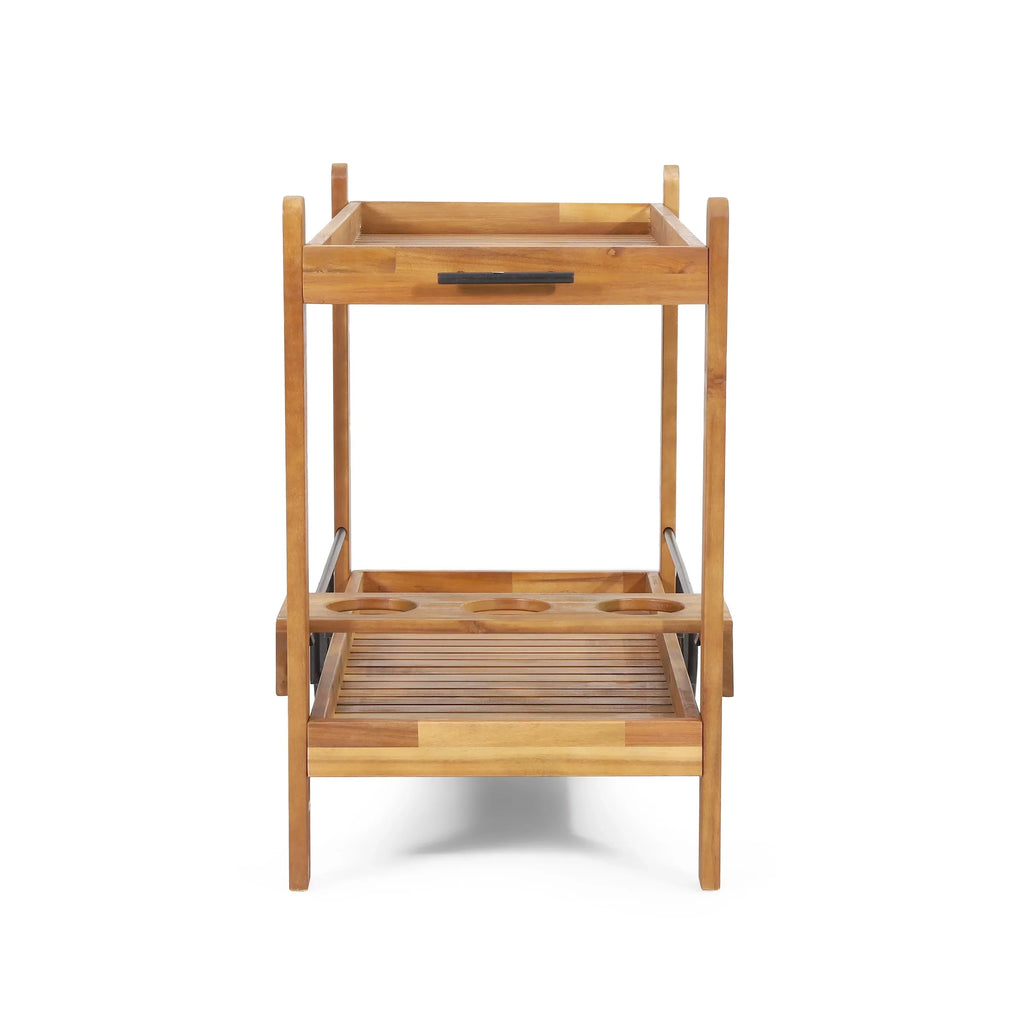 GDF Studio Bonneau Outdoor Acacia Plank 2 Tiered Bar Cart with Bottle Holders, Teak and Black