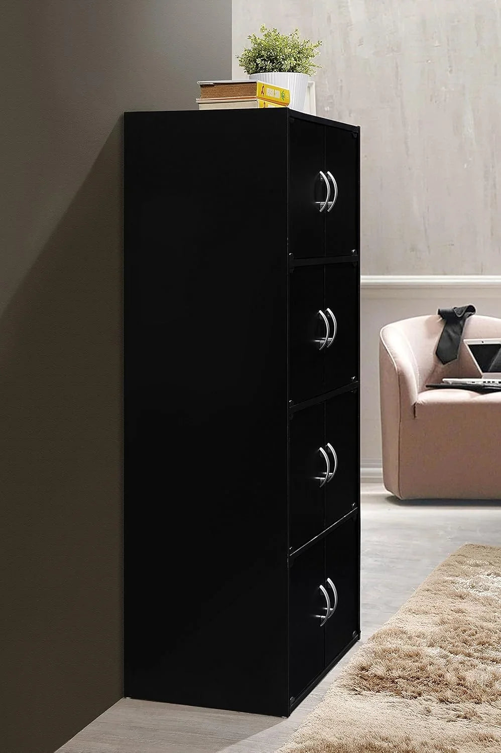 HID44 8 Door 4 Shelf Modern Timber Heavy Duty Floor Mount Multipurpose Storage Bookcase Cabinet with Installation Hardware, Black