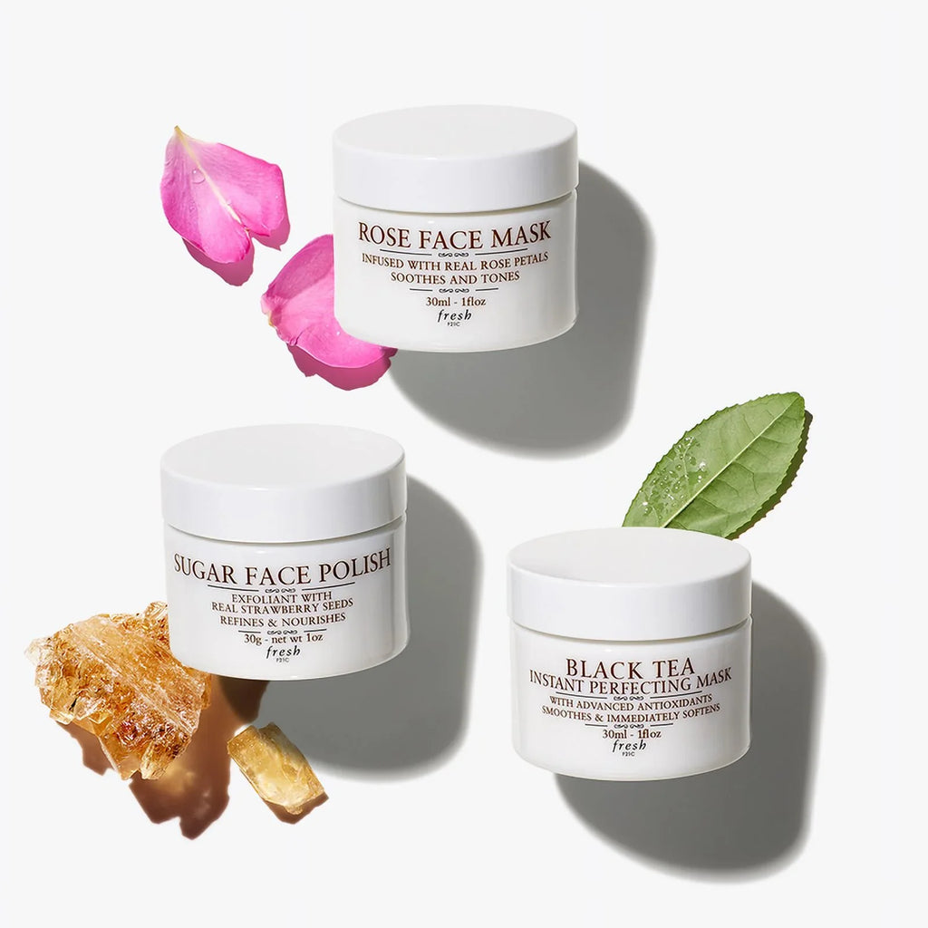 Fresh Face Mask Essentials Gift Set, Facial Masks: Sugar Face Polish, Rose Face Mask, Black Tea, Advanced Antioxidants (Gift Set, 3 Pack) *EN