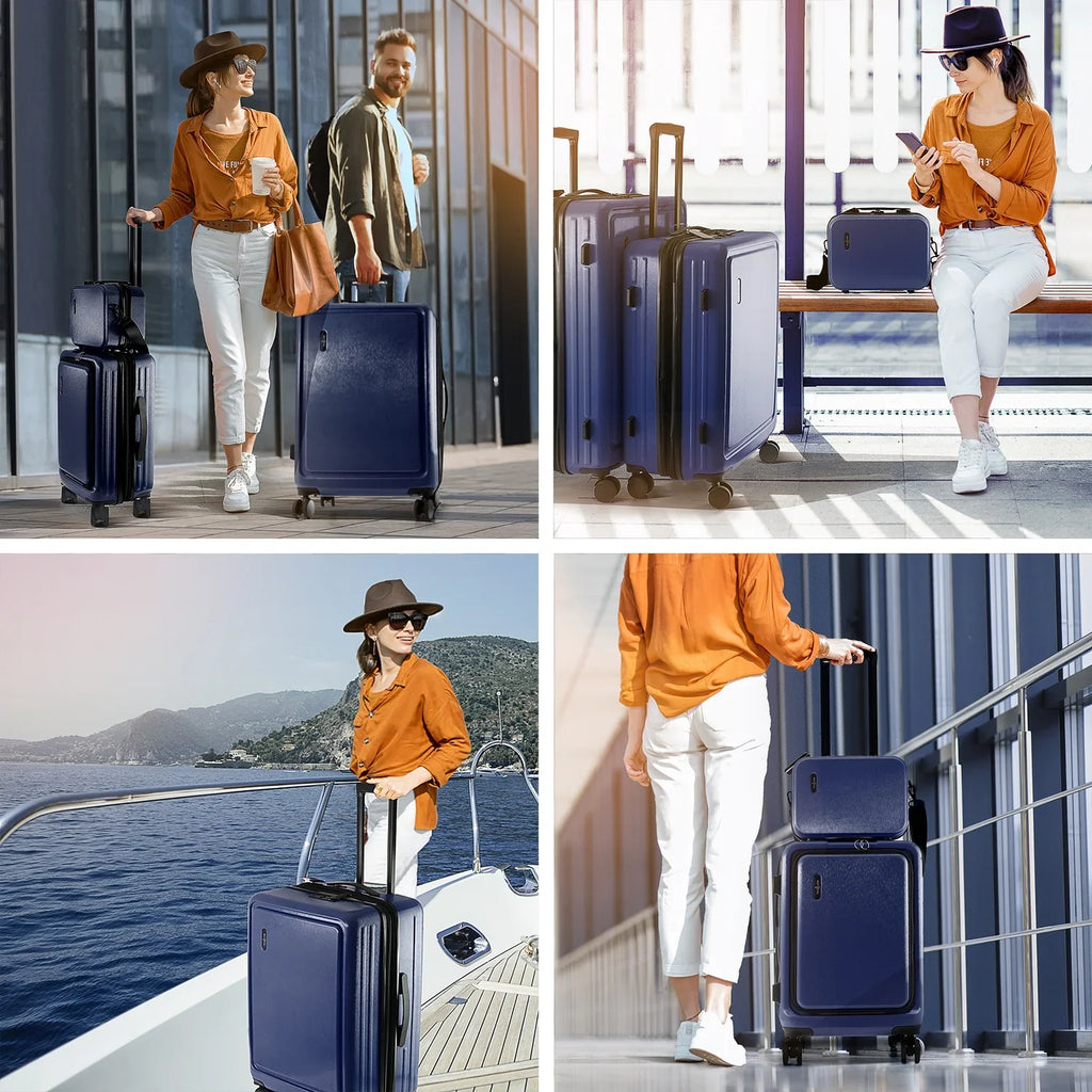 StorageBud 4 Piece Hardshell Exapandable Luggage Set, Spinner Luggage Suitcase Set, Navy Blue