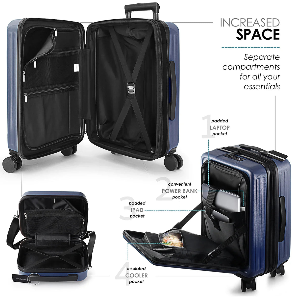 StorageBud 4 Piece Hardshell Exapandable Luggage Set, Spinner Luggage Suitcase Set, Navy Blue