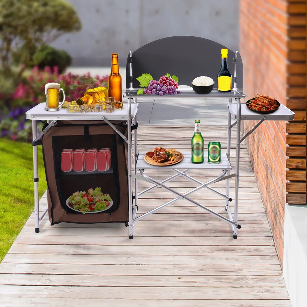 DENEST Folding Camping Kitchen Station Portable Barbecue Table Rack Brown Fabric Shield