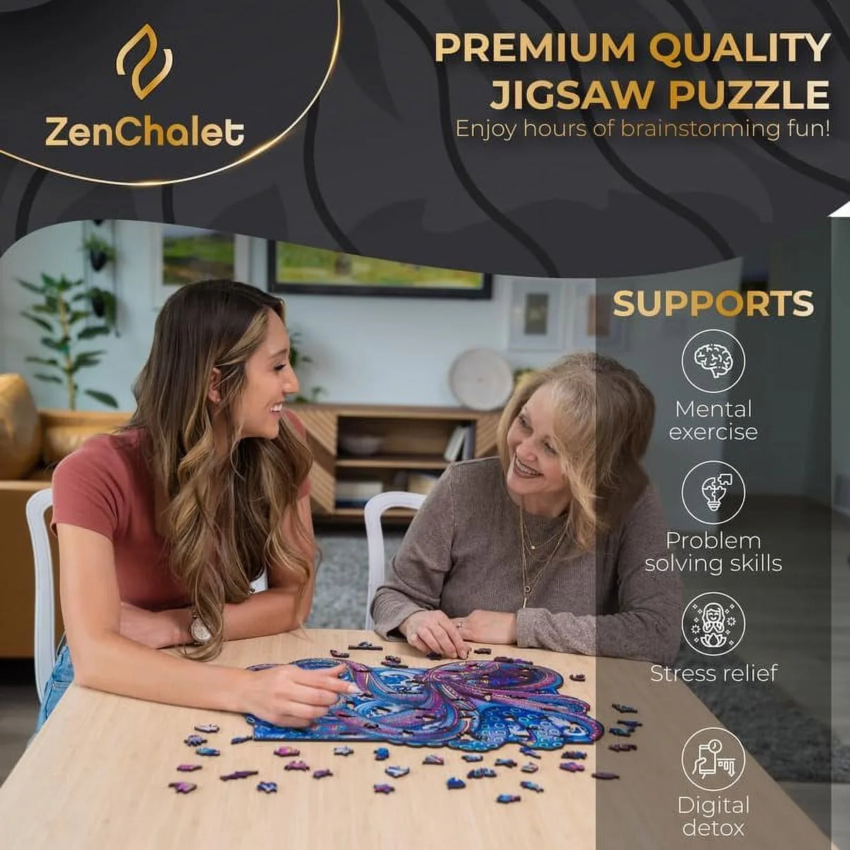 ZenChalet Octopus Puzzle Premium Timber Jigsaw Puzzle for Adults featuring 200 Uniquely Shaped Precision Cut Plank Pieces