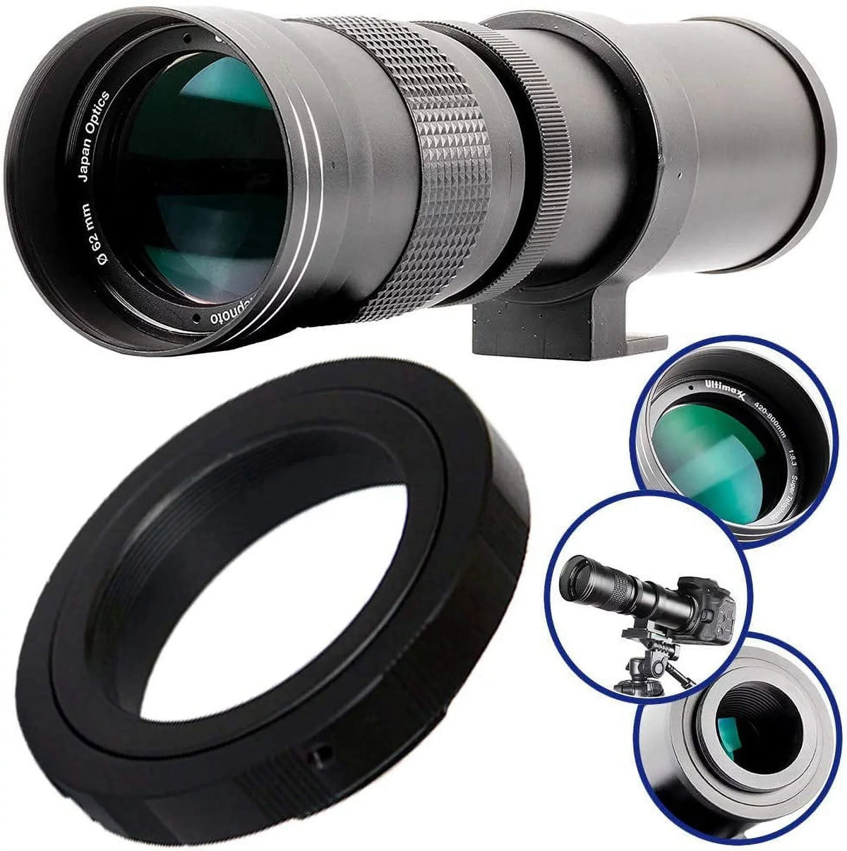 Ultimaxx 420-800mm f/8.3-16 Super HD Manual Telephoto Zoom T-Mount Lens Kit for Nikon F-Mount D6, D5, D4, D850, D810, D800, D780, D750, D610, D600, D7500, D7200, D5600, D5500, D5300, D3500 and D3400 D