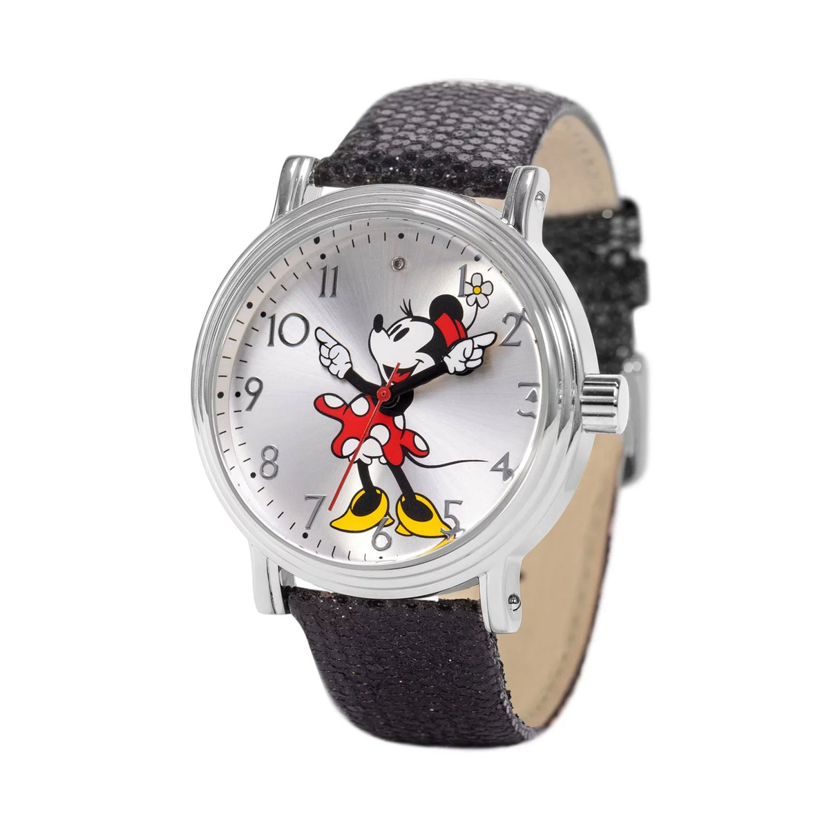 Disney Mickey Mouse Women's Articulating Hands Silver Vintage Alloy Watch, Diamond Stone on Dial, Black Sequins Strap, Adult Women Classic Watch WDS001291