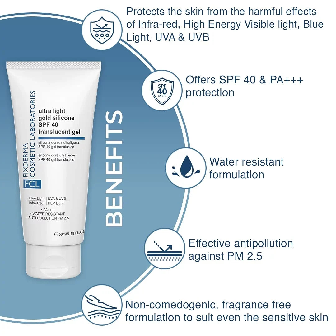 FIXDERMA COSMETIC LABORATORIES Ultra Light Gold Silicone SPF 40 Translucent Gel | Moisturizer for Acne Prone Skin | Sunscreen for Body & Face | Sun Screen Prote