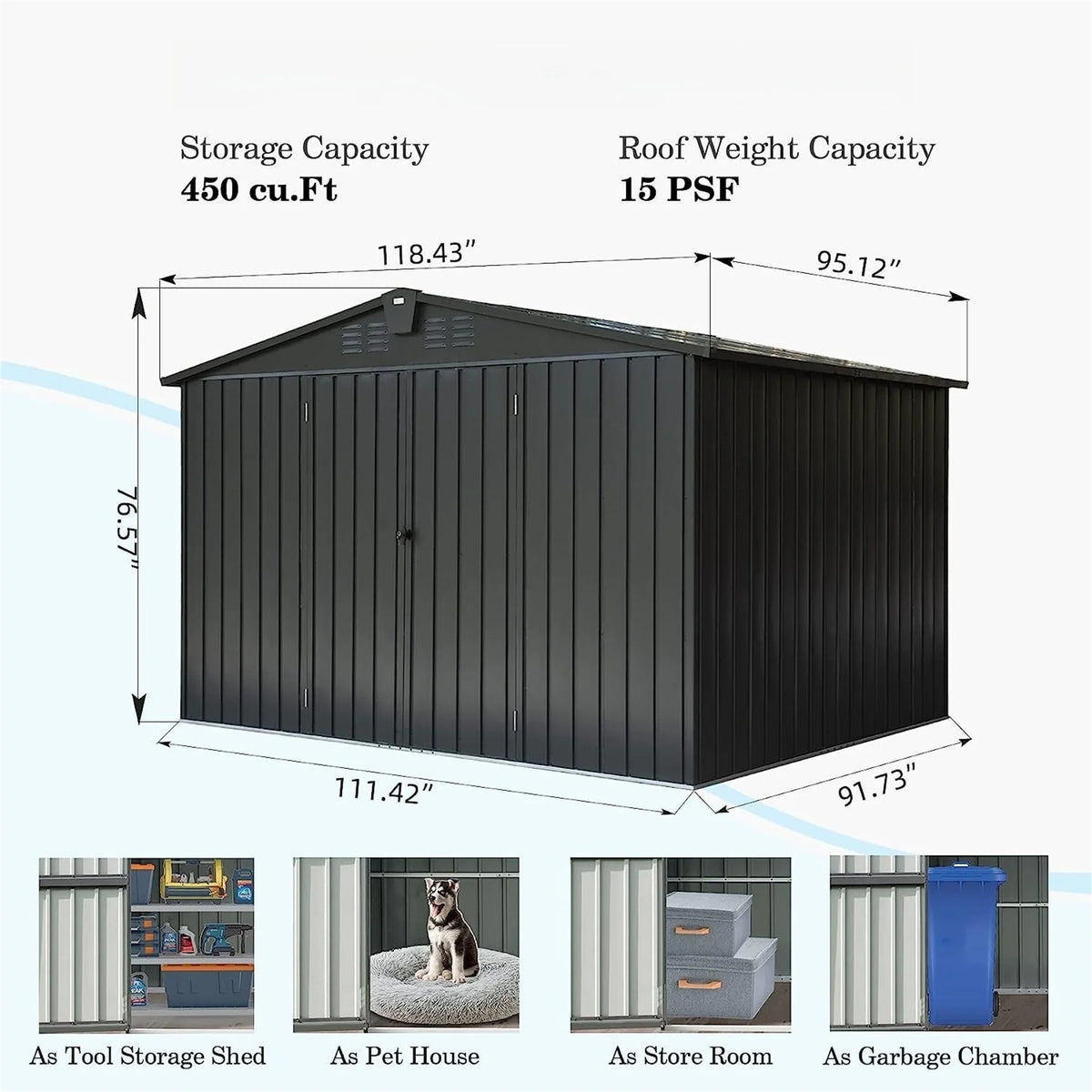 Homiyad Outdoor Storage Shed 10'X 8', Metal Garden Shed for Bike, Trash Can, Tools, Galvanized Steel Outdoor Storage Cabinet with Lockable Door for Backyard, Patio, Lawn (10X8ft, Black)