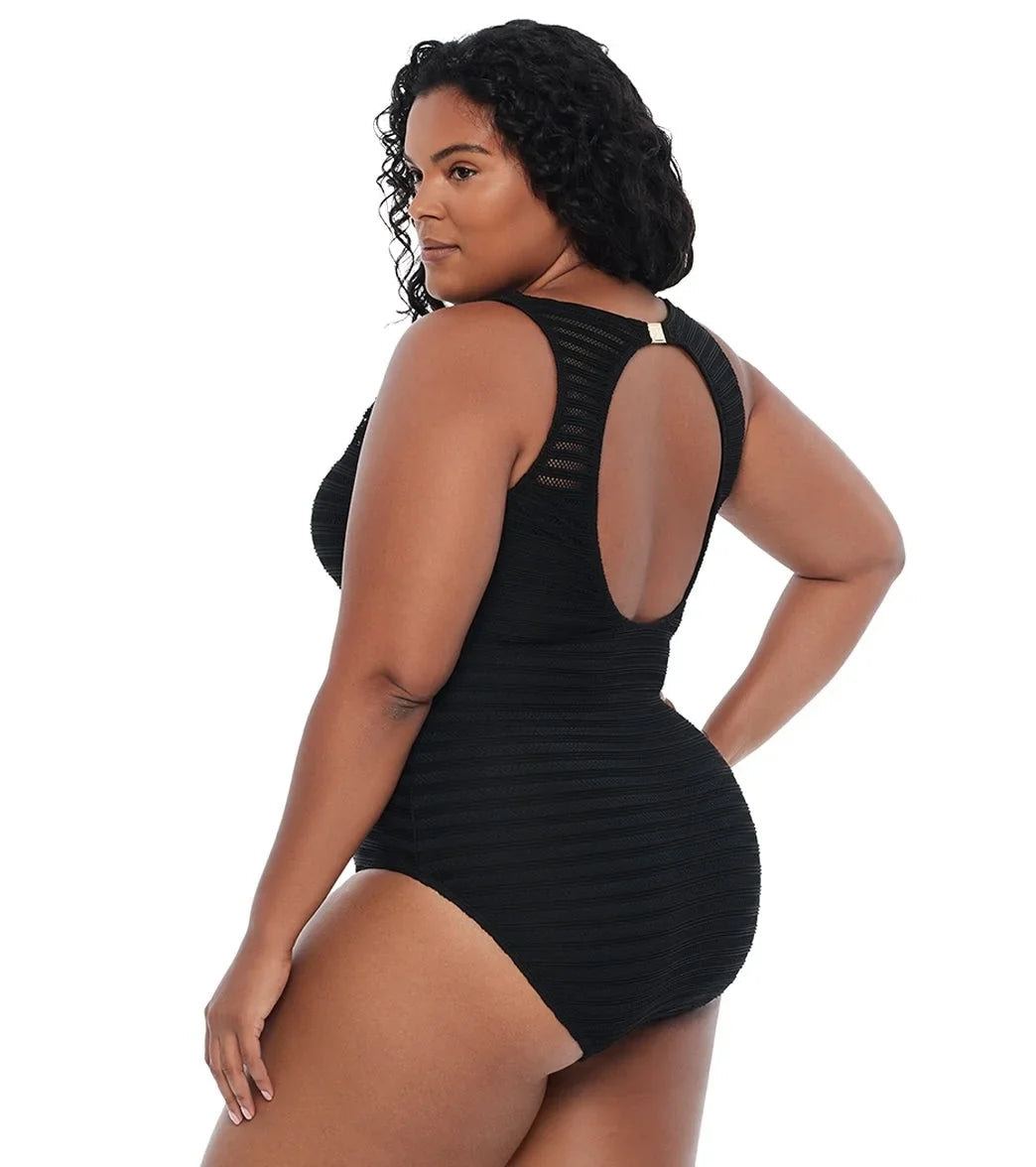 Ralph Lauren BLACK Plus Size Ottoman Boatneck One Piece Swimsuit, US 20W