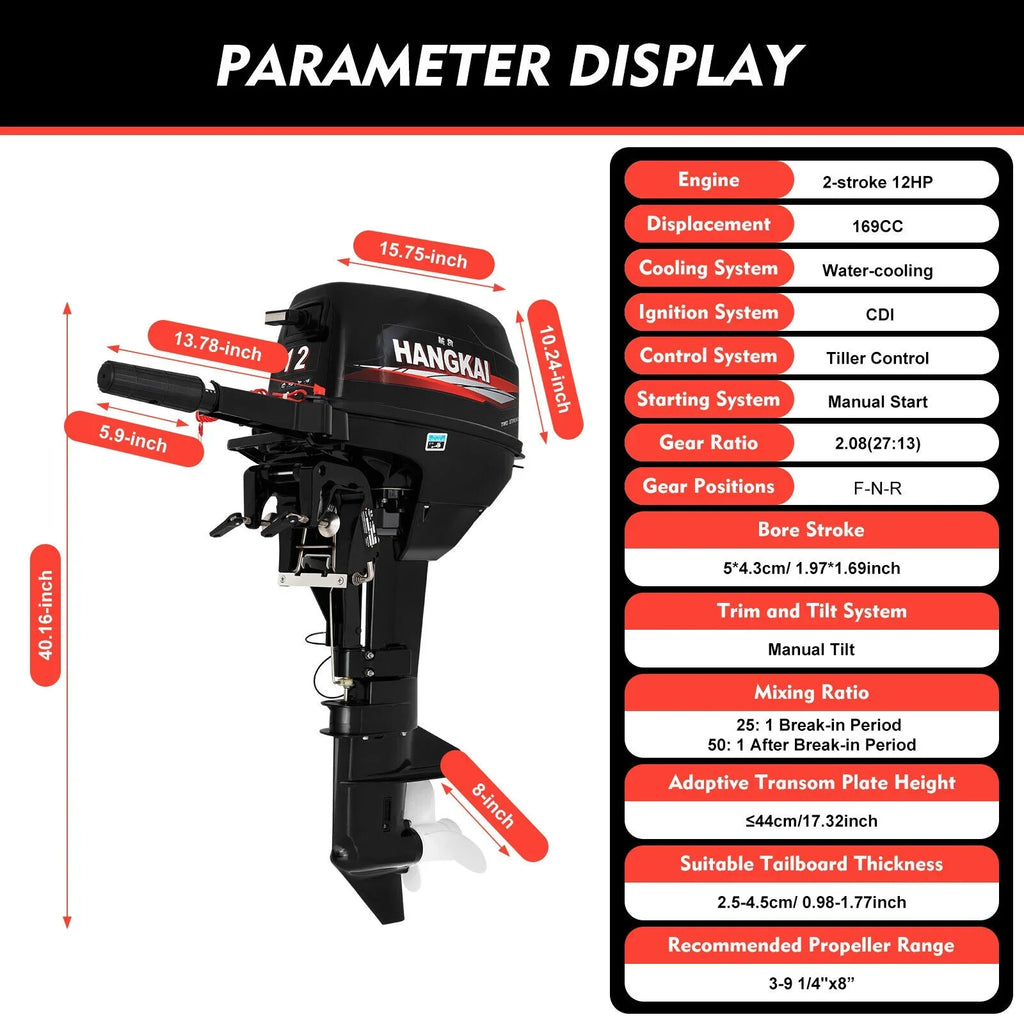 Outboard Motor, 2 Stroke 12 hp 169cc Heavy Duty Boat Engine Fishing Boat Motor w/CDI System Water Cooling System (2 Stroke 12 hp)