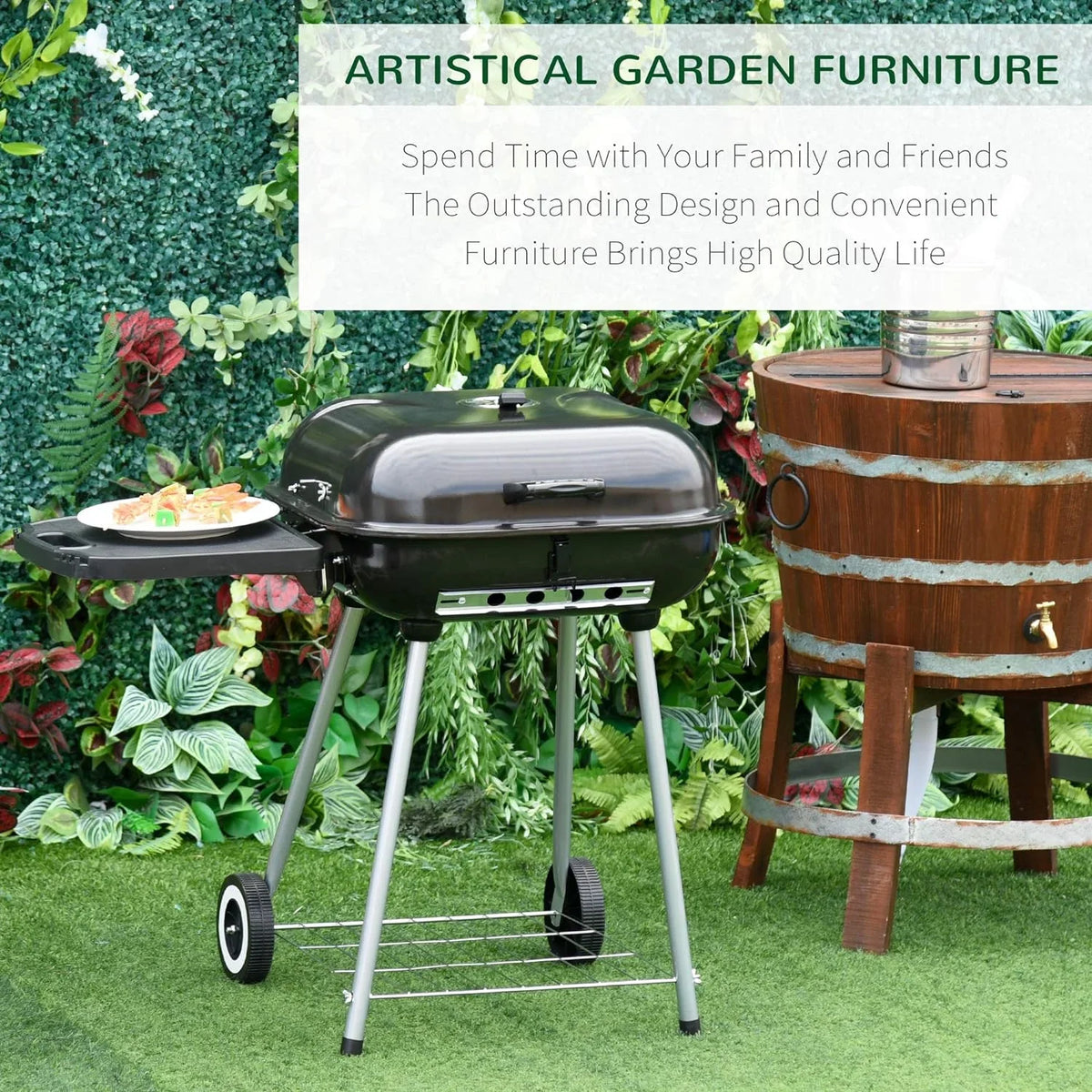 Portable Charcoal Grill with Foldable Side Shelf and Bottom Shelf, BBQ Smoker with Wheels and Adjustable Vents on Lid for Picnic Camping Backyard Cooking, Black