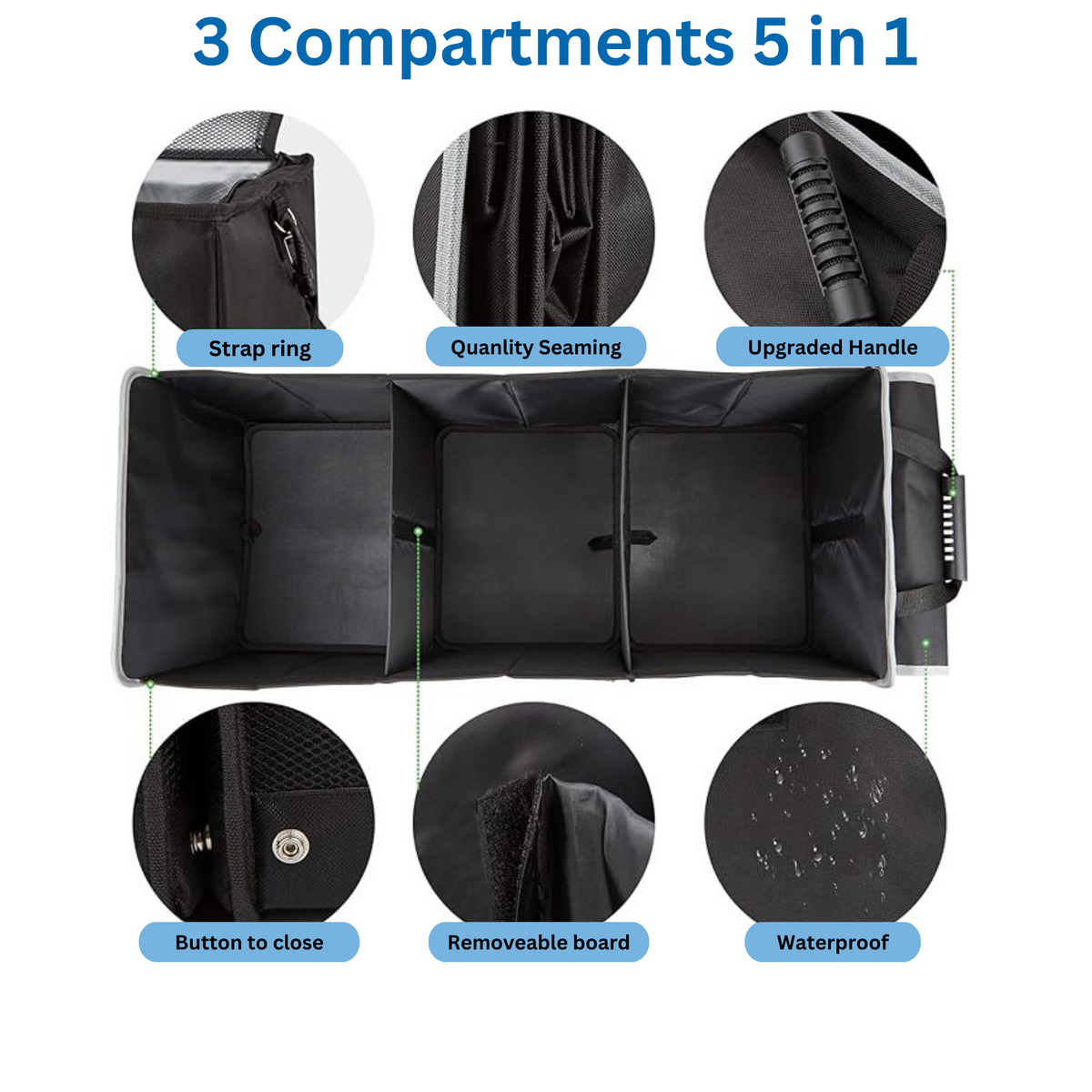 Glamor D Collapsible Trunk Organizer with Insulated Leak-proof Cooler Bag - 5-in-1 Car & SUV Cargo Storage Solution with Foldable Lid, Removable Dividers, and 2 Tie-Down Straps - Black