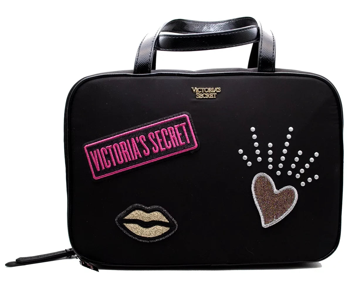 Victoria's Secret Patch Jetsetter Travel Makeup Case with Hook; 2 Interior Zip Compartments, 10 1/2" L x 3 1/2" W x 7 1/4" H
