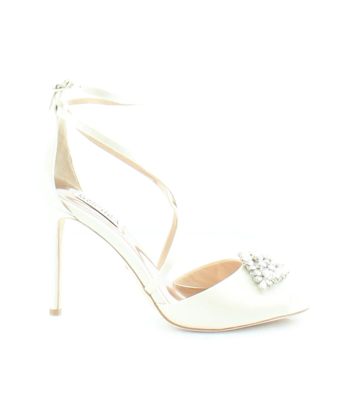 BADGLEY MISCHKA Womens Ivory Satin Beige Cushioned Footbed Dustbag Embellished Ankle Strap Tatum Open Toe Stiletto Buckle Dress Heeled Gladiator Sandal 8