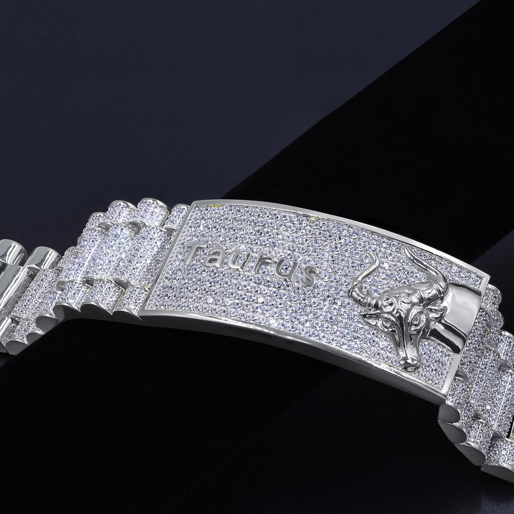 Zodiac Sign Taurus Bull 14K White Gold Finish Simulated Diamond Mens Bracelet 8.5''