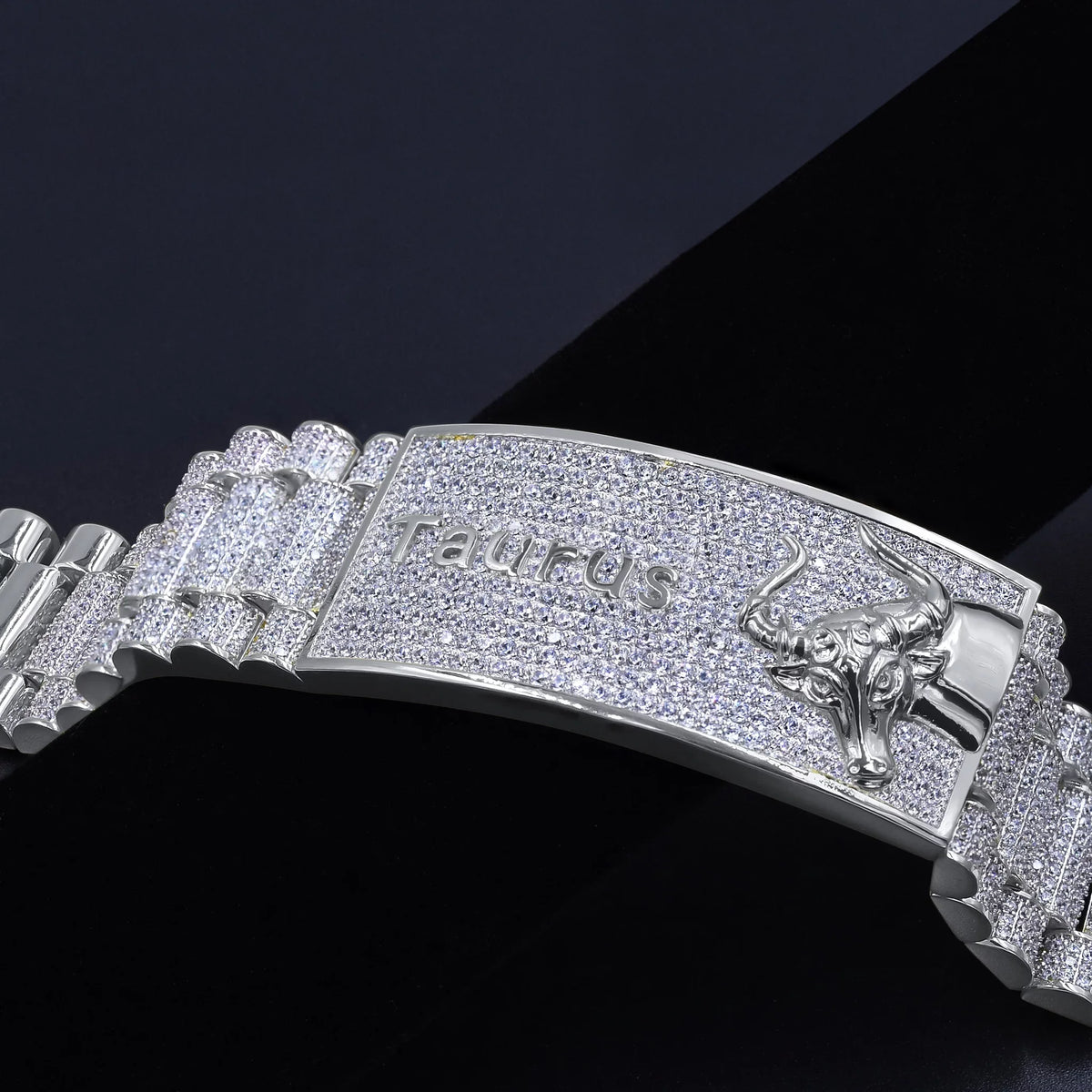 Zodiac Sign Taurus Bull 14K White Gold Finish Simulated Diamond Mens Bracelet 8.5''