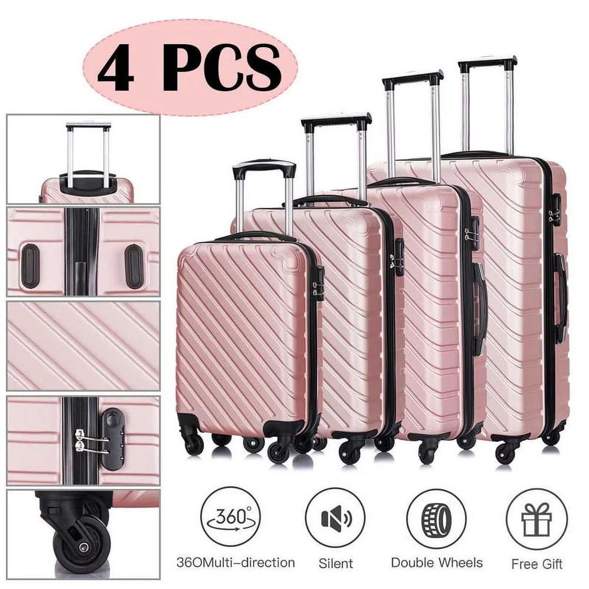 4 Piece Hardshell Luggage Sets,Travel Suitcase,Carry On Luggage with Spinner Wheels Free Enclosure Inside rose gold