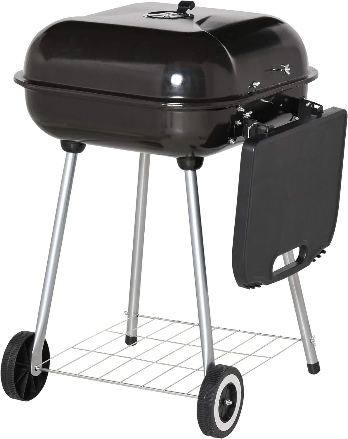 Portable Charcoal Grill with Foldable Side Shelf and Bottom Shelf, BBQ Smoker with Wheels and Adjustable Vents on Lid for Picnic Camping Backyard Cooking, Black