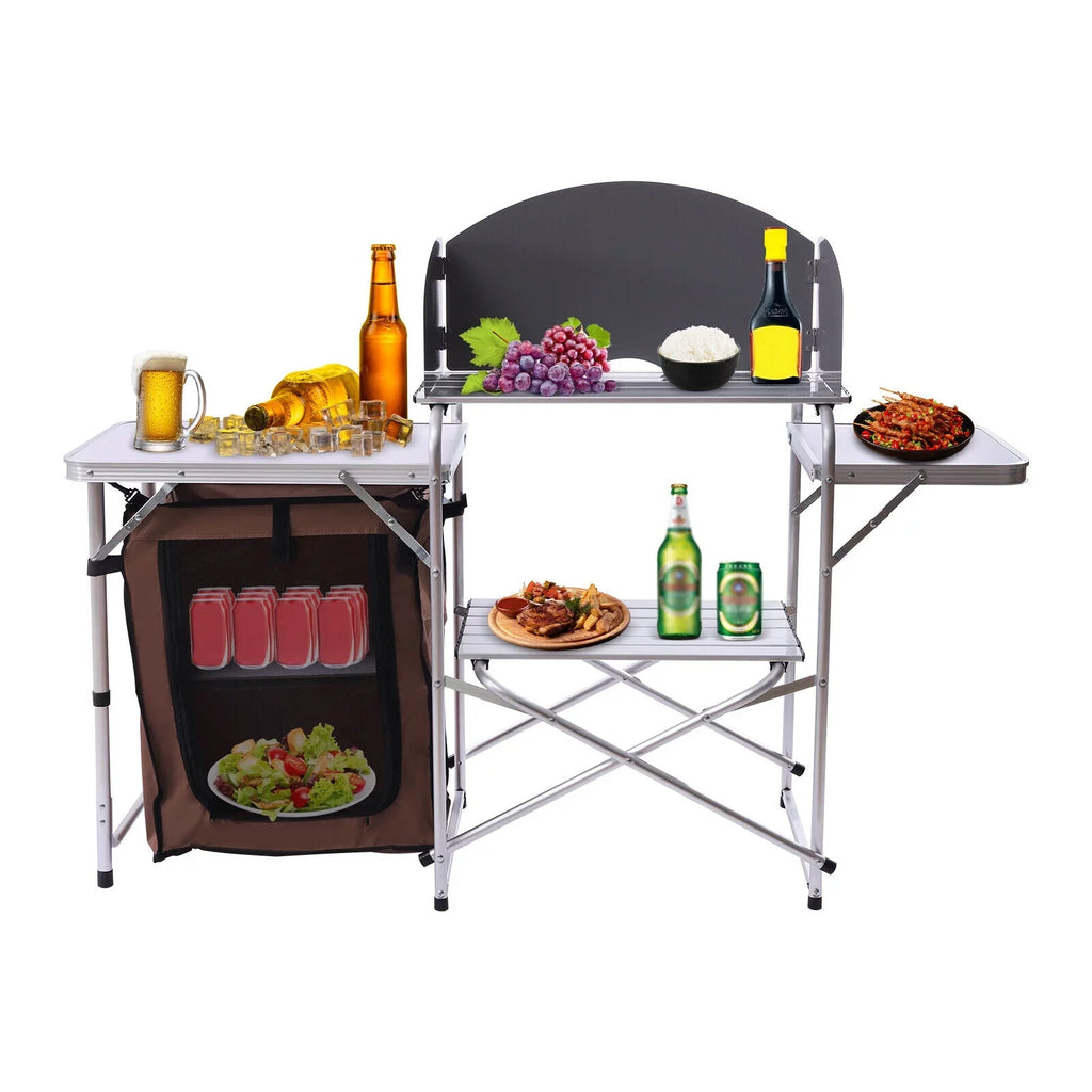 DENEST Folding Camping Kitchen Station Portable Barbecue Table Rack Brown Fabric Shield