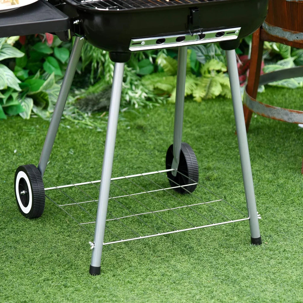 Portable Charcoal Grill with Foldable Side Shelf and Bottom Shelf, BBQ Smoker with Wheels and Adjustable Vents on Lid for Picnic Camping Backyard Cooking, Black