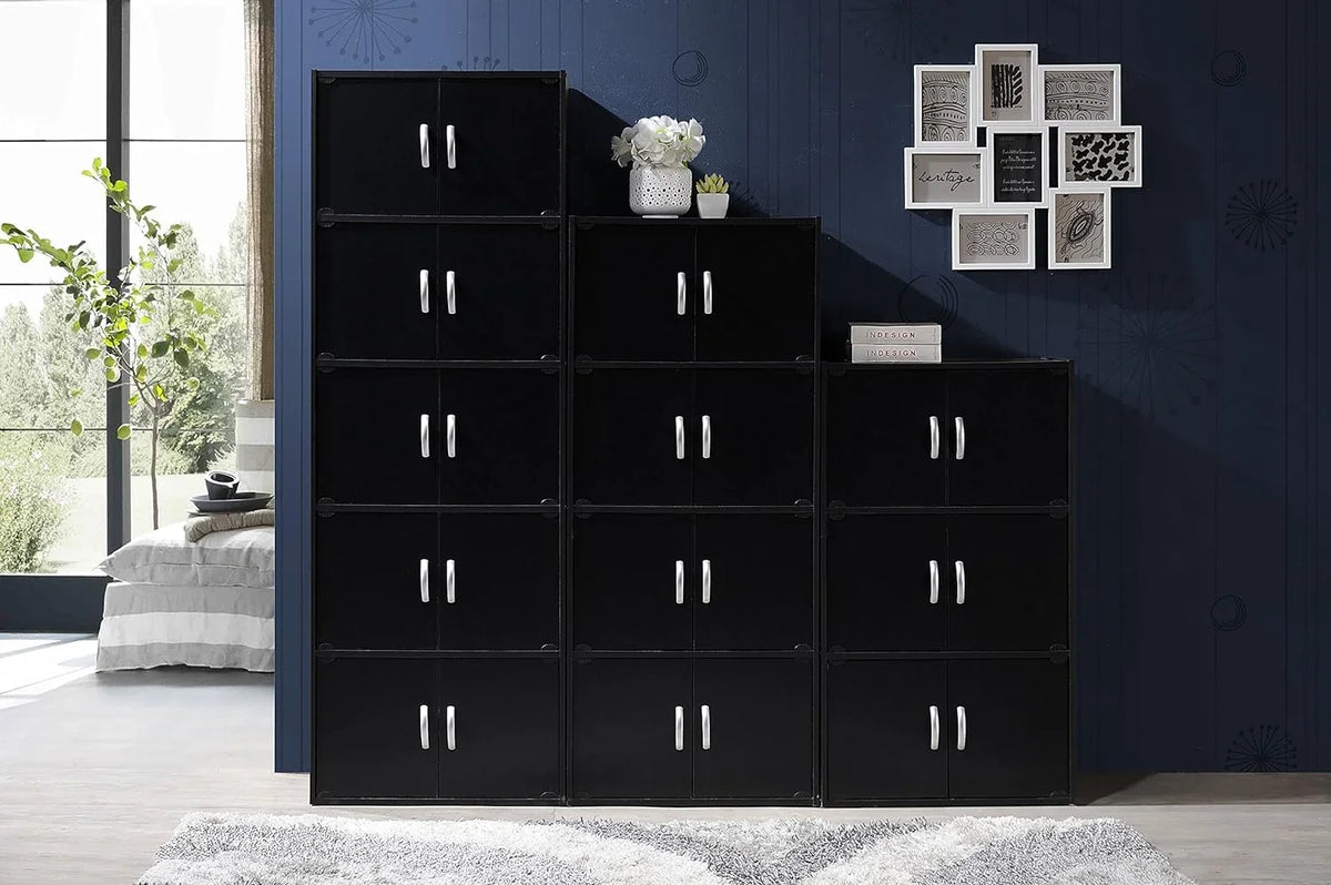 HID44 8 Door 4 Shelf Modern Timber Heavy Duty Floor Mount Multipurpose Storage Bookcase Cabinet with Installation Hardware, Black