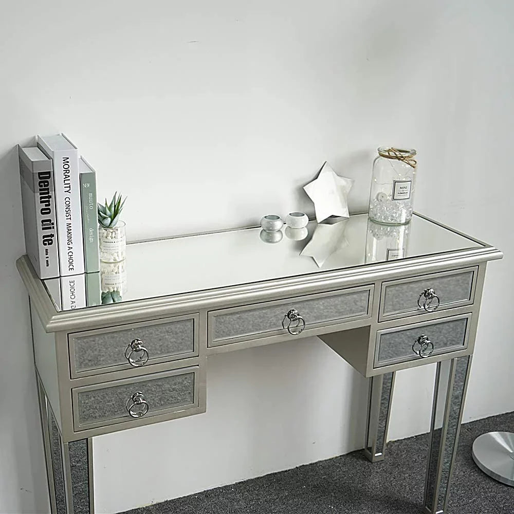 TJUNBOLIFE Mirrored Console Table 5-Drawer Console Sofa Entry Table with Two Drawers Antique Silver/Mirror