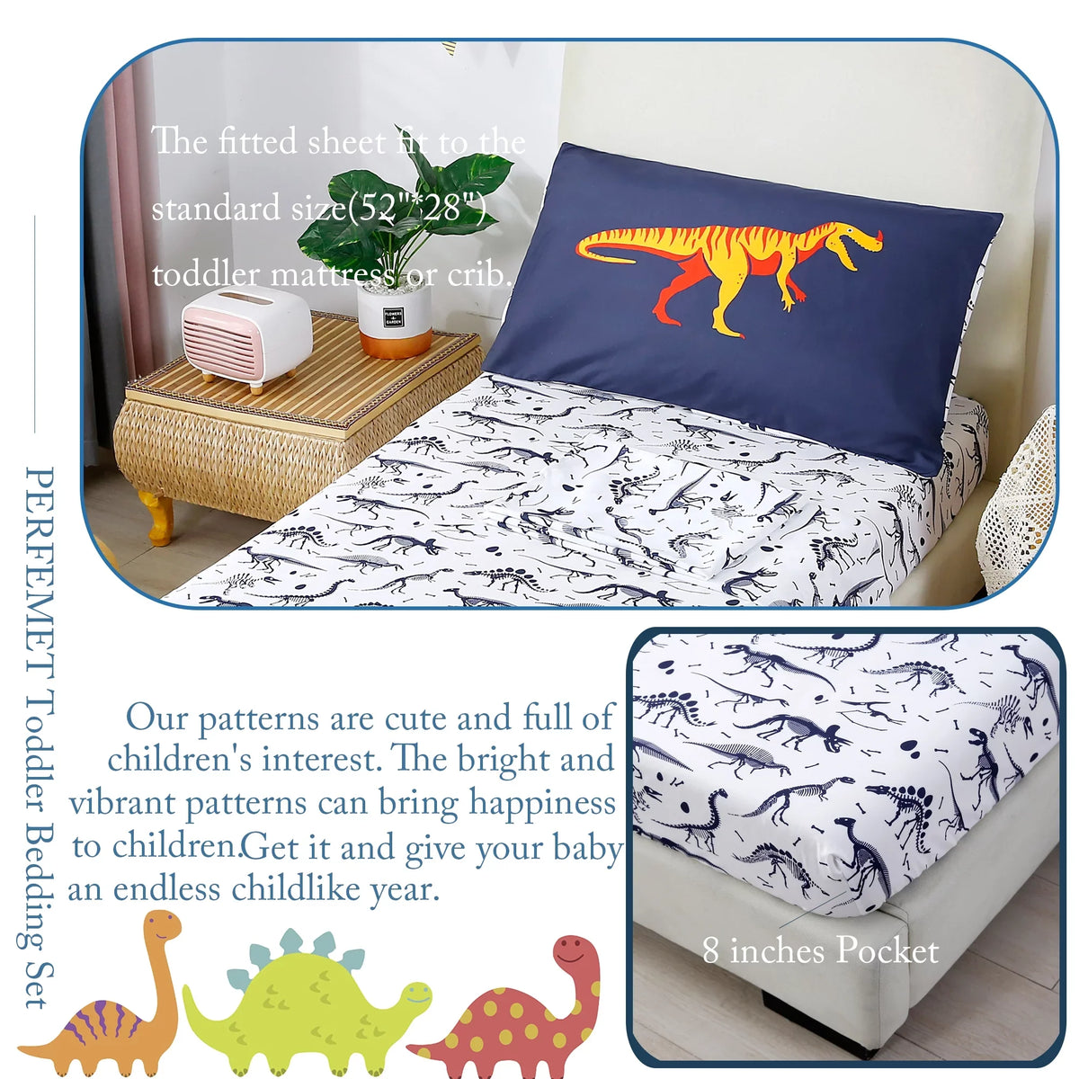 PERFEMET 4-Piece Toddler Bedding Set - Ultra Soft Cartoon Jurassic Dinosaur Print Boys Toddler Relaxation Set - Include Relaxation Flat Sheet, Fitted Sheet and Reversible Pillowcase, Blue Dinosaur