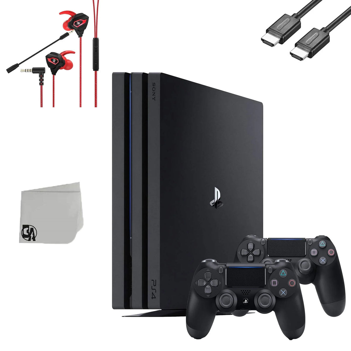 Pre-Owned Sony PlayStation 4 Pro 1TB Black Gaming Console With 2 Controller + Gaming Earbuds With Microphone BOLT AXTION Bundle