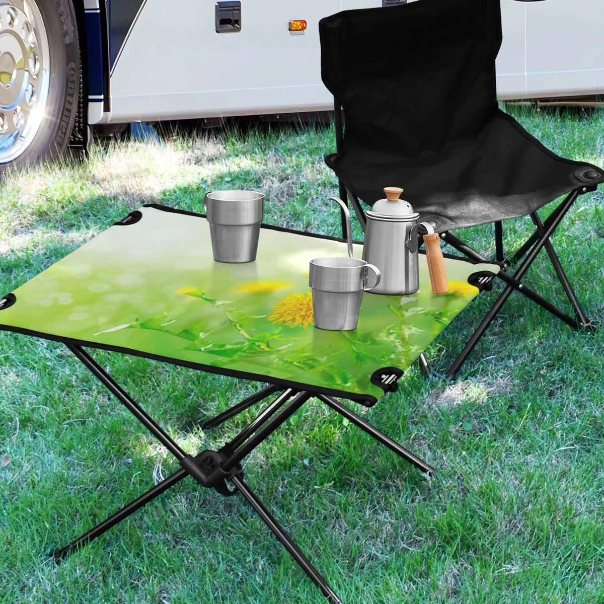 Spring Green Flowers Camping Folding Table Portable Beach Table with Storage Bag Compact Picnic Table for Outdoor Travel Fishing BBQ